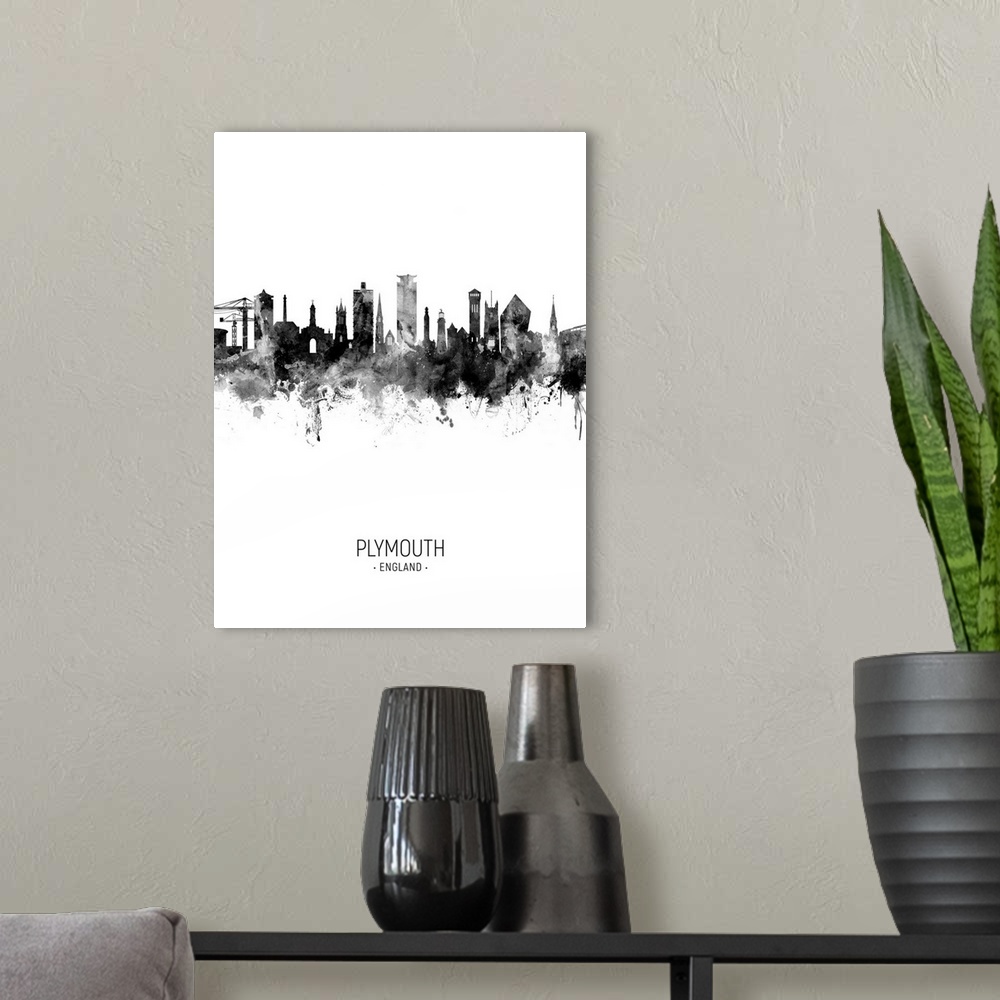 A modern room featuring Watercolor art print of the skyline of Plymouth, England, United Kingdom
