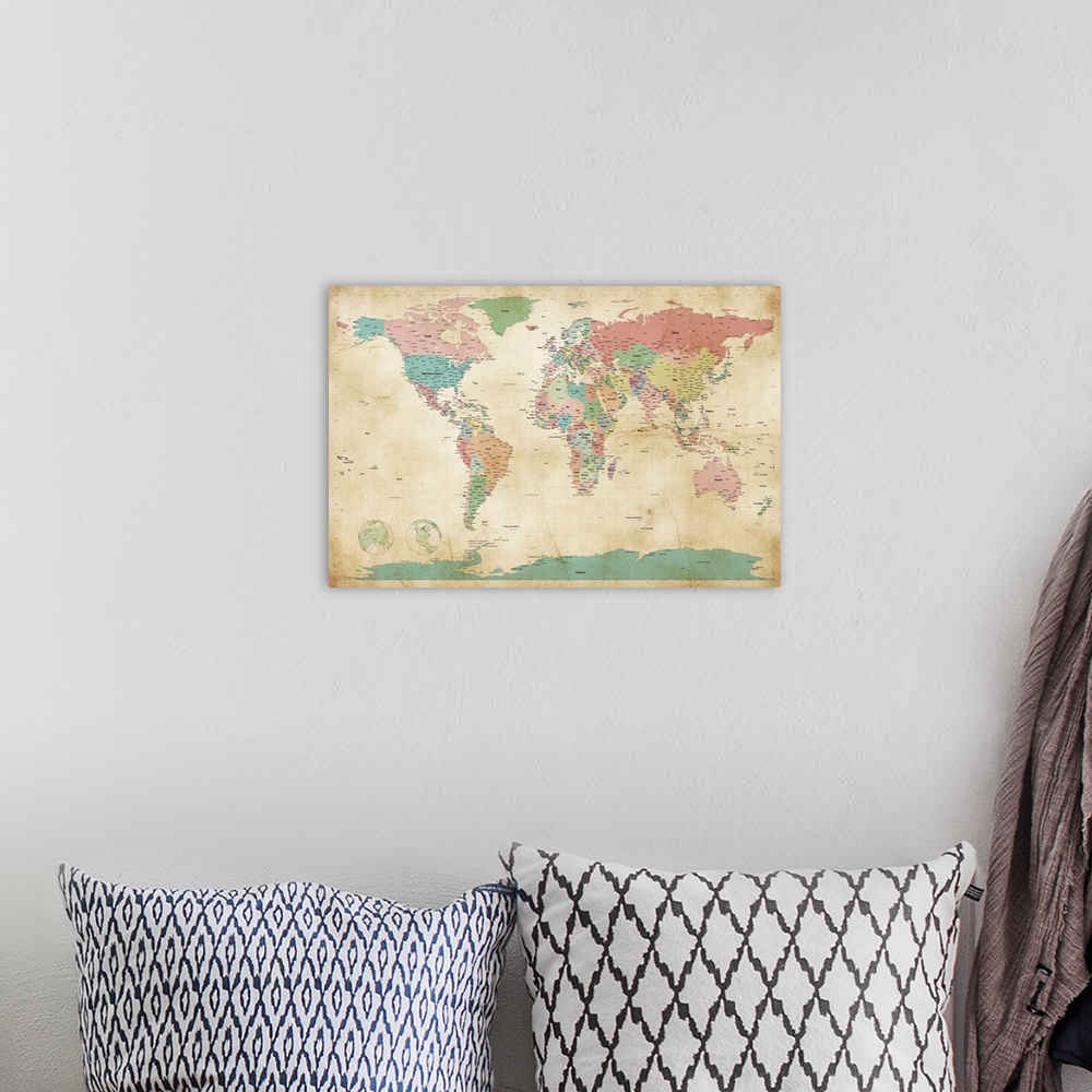 A bohemian room featuring Political Map of the World Map, Antique