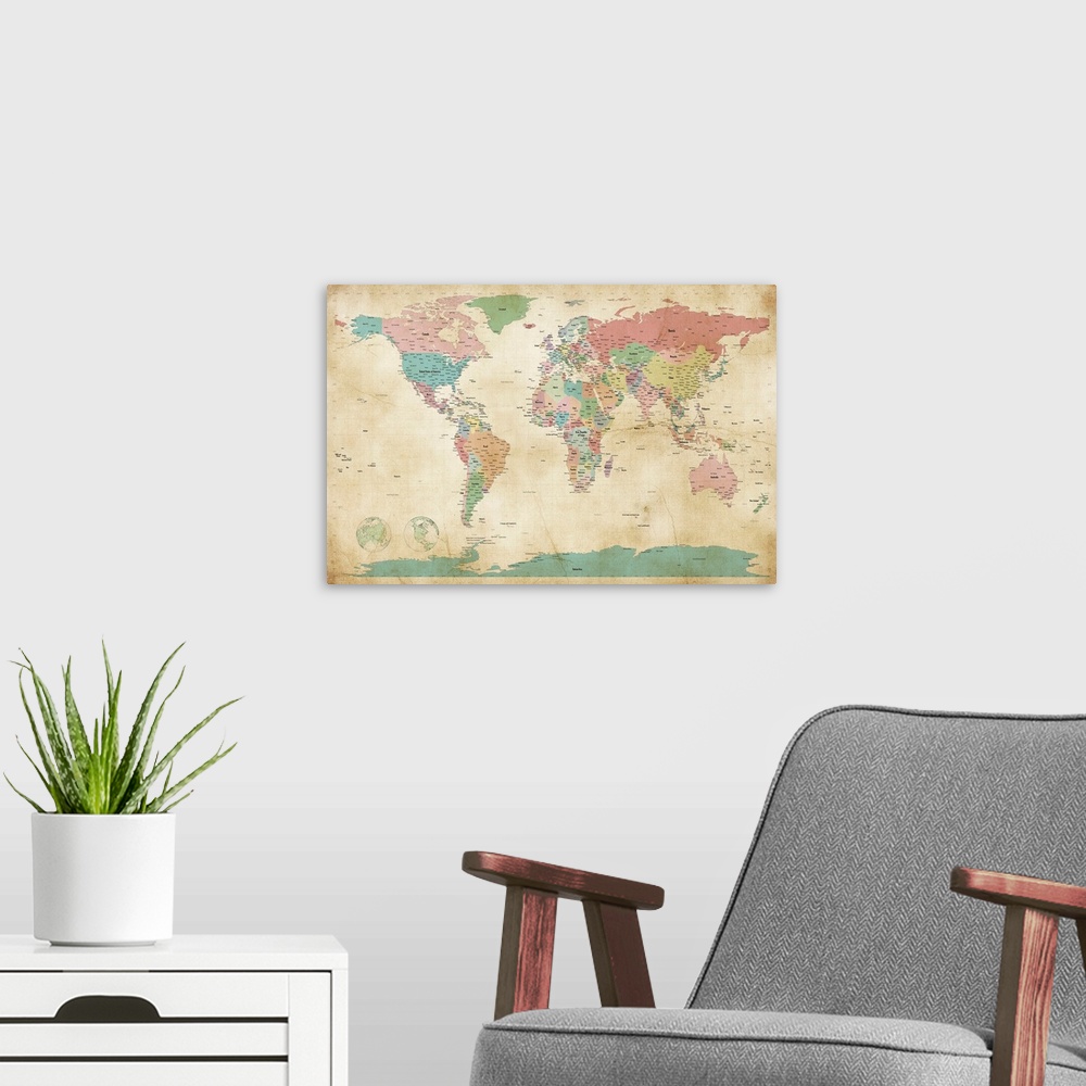 A modern room featuring Political Map of the World Map, Antique
