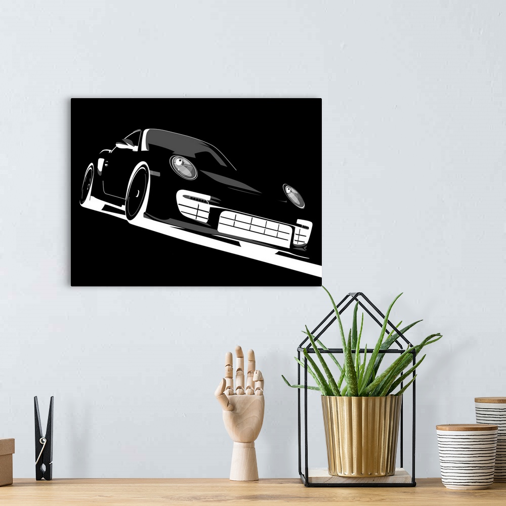 A bohemian room featuring Retro artwork of a black Porsche shown at an angle with a black background.