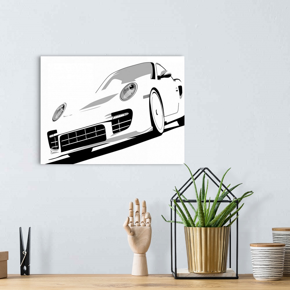 A bohemian room featuring Vector artwork of the Type 996 Porsche 911 GT2. The car is pictured in black and white.