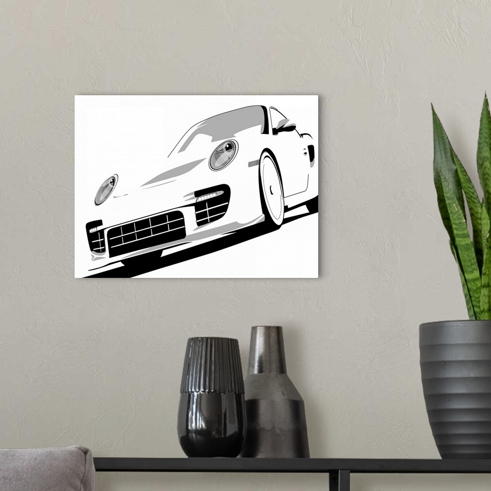 A modern room featuring Vector artwork of the Type 996 Porsche 911 GT2. The car is pictured in black and white.