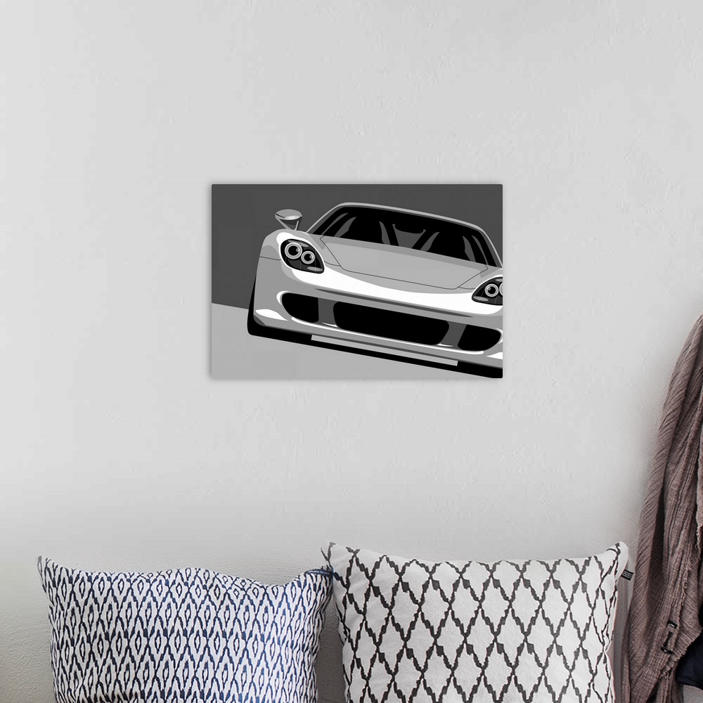 A bohemian room featuring Front view of a Porsche Carrera GT pop art drawing.