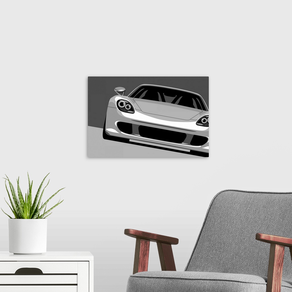A modern room featuring Front view of a Porsche Carrera GT pop art drawing.