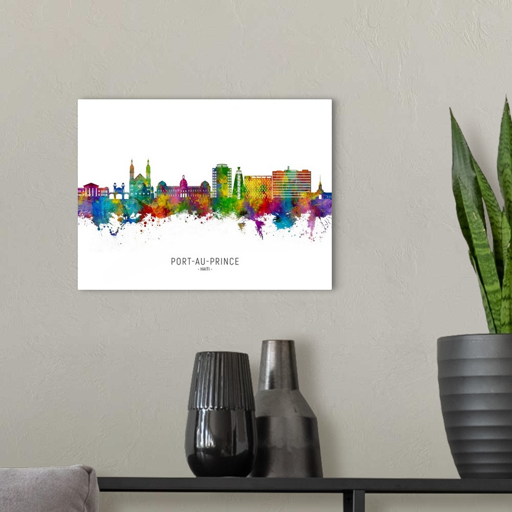 A modern room featuring Watercolor art print of the skyline of Port-au-Prince, Haiti