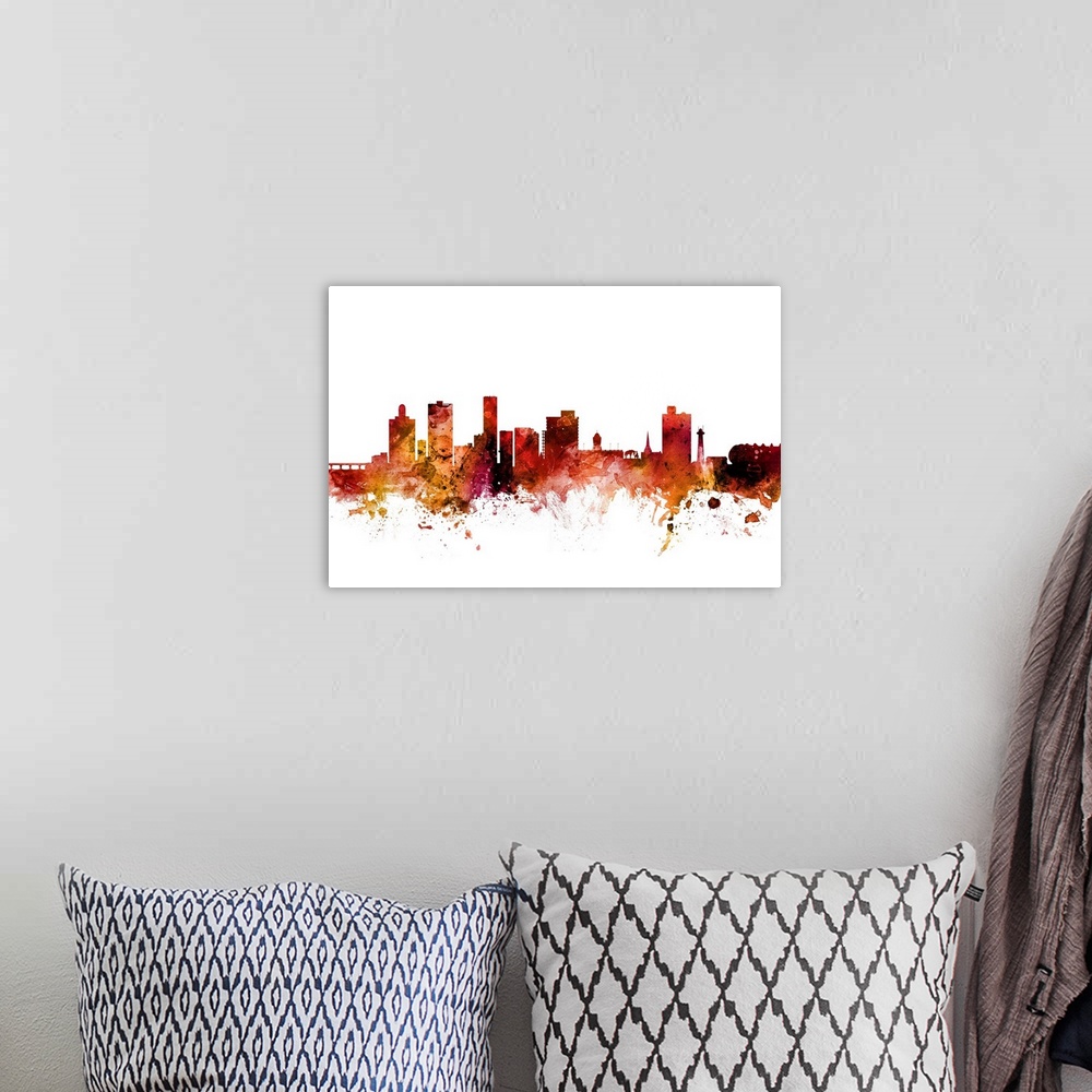 A bohemian room featuring Watercolor art print of the skyline of Port Elizabeth, South Africa.