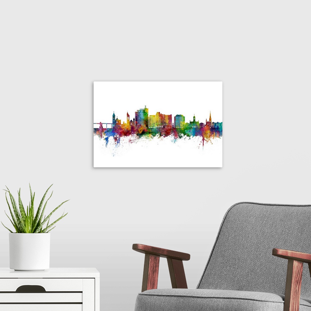 A modern room featuring Watercolor art print of the skyline of Portland, Maine, United States