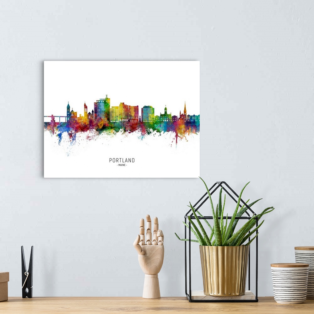 A bohemian room featuring Watercolor art print of the skyline of Portland, Maine, United States