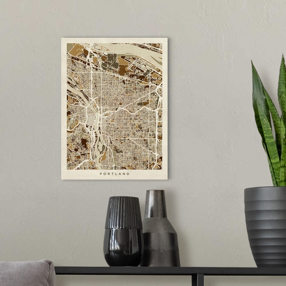 A modern room featuring A street map of Portland, Oregon, United States, with land areas in shades of brown