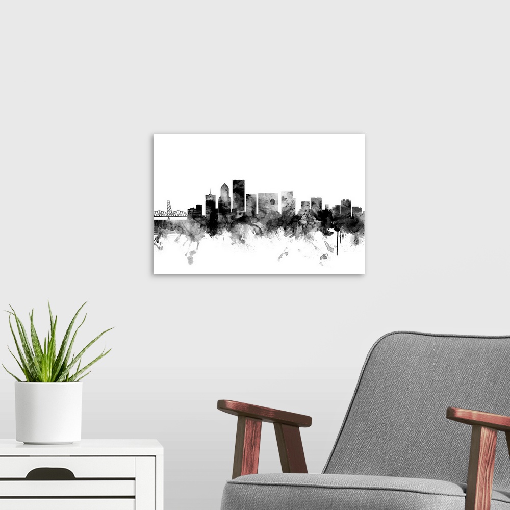 A modern room featuring Contemporary artwork of the Portland city skyline in black watercolor paint splashes.
