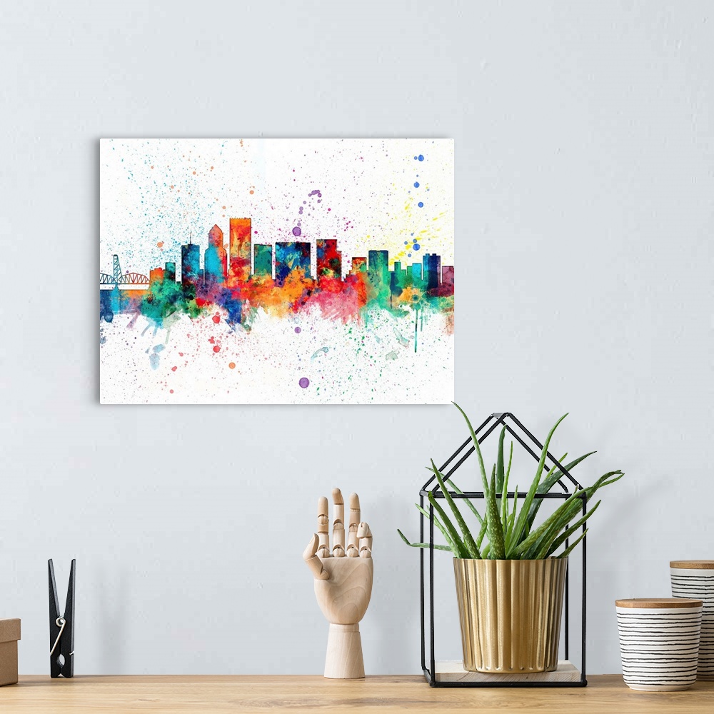 A bohemian room featuring Wild and vibrant paint splatter silhouette of the Portland skyline.