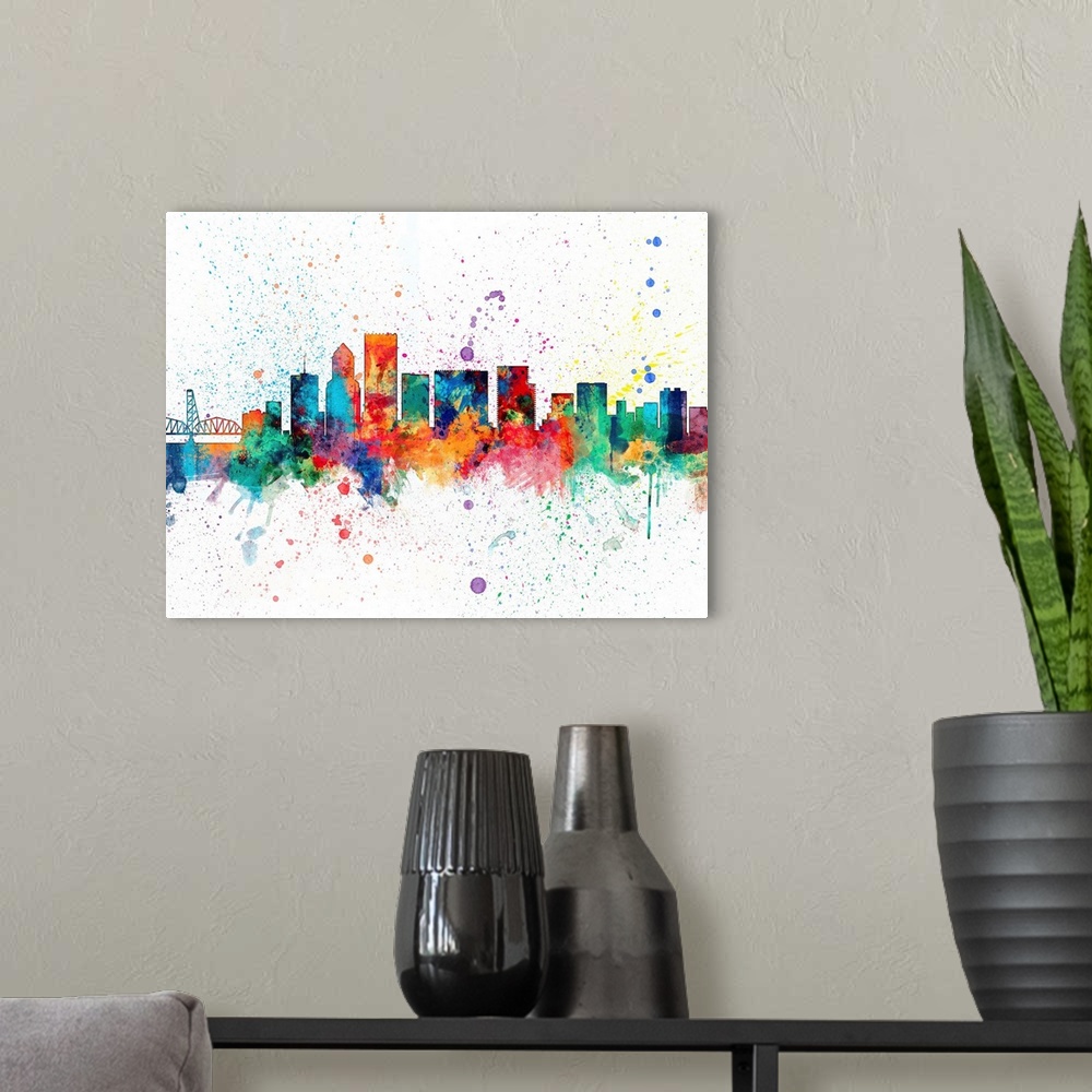 A modern room featuring Wild and vibrant paint splatter silhouette of the Portland skyline.