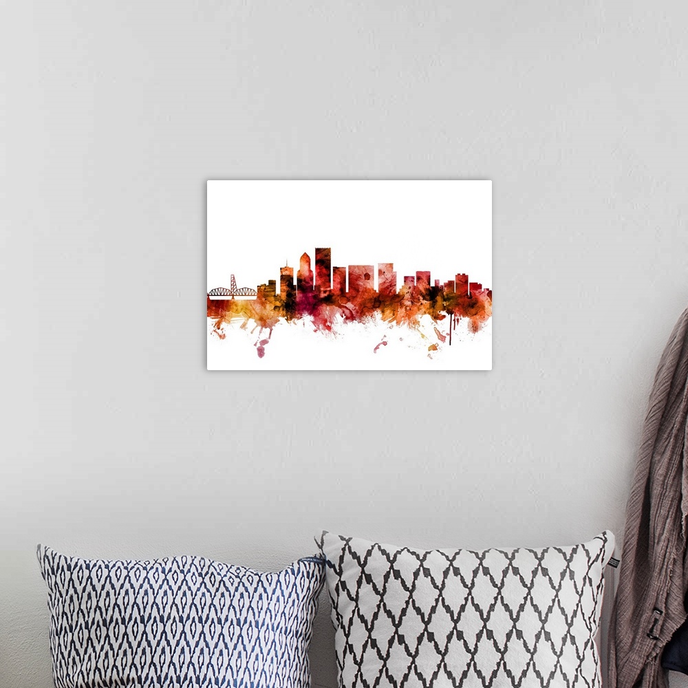 A bohemian room featuring Watercolor art print of the skyline of Portland, Oregon, United States.