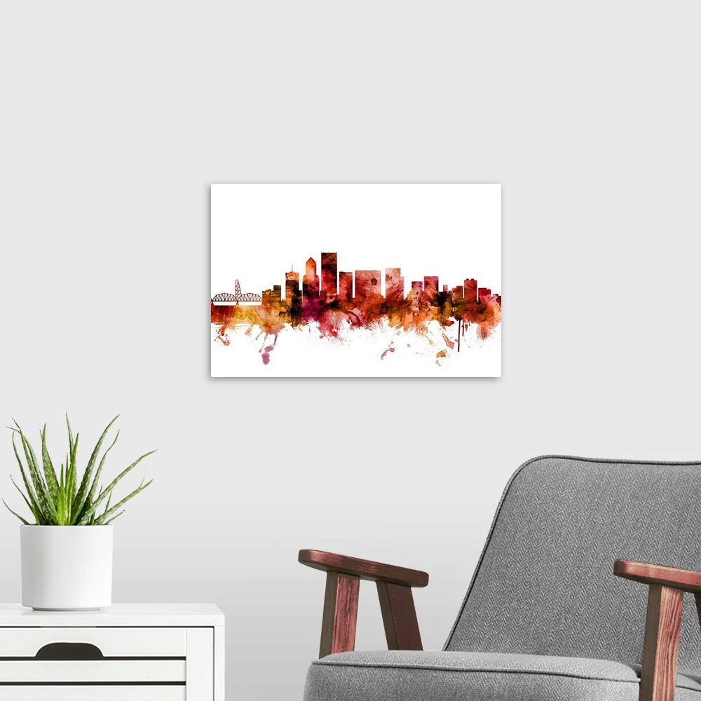 A modern room featuring Watercolor art print of the skyline of Portland, Oregon, United States.