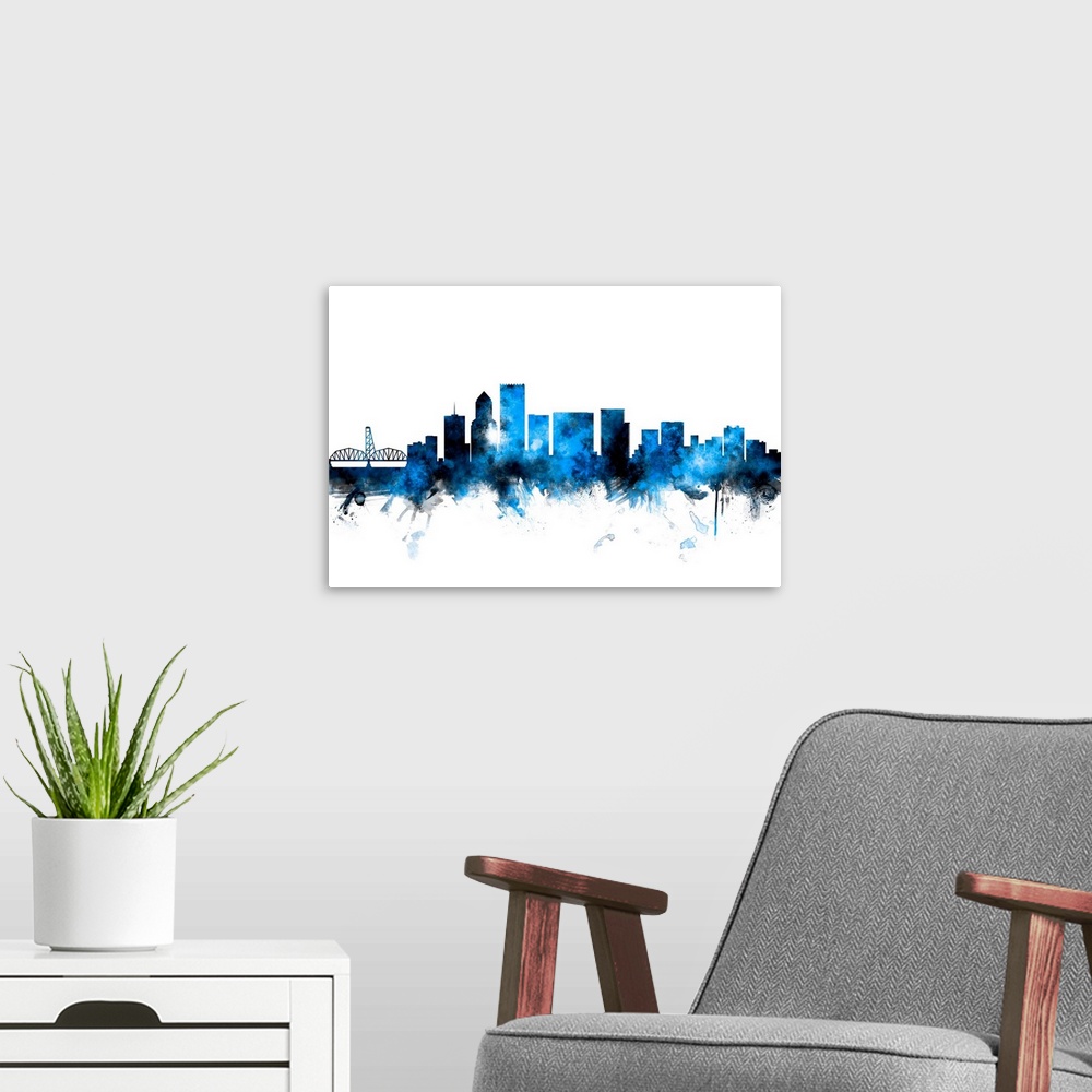 A modern room featuring Watercolor art print of the skyline of Portland, Oregon, United States.