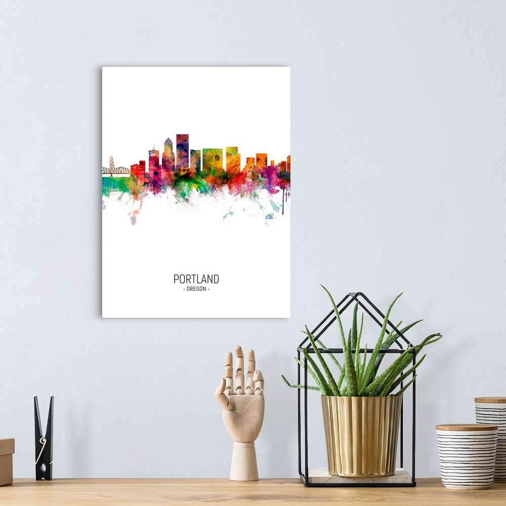 A bohemian room featuring Watercolor art print of the skyline of Portland, Oregon, United States