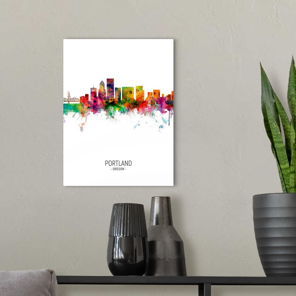 A modern room featuring Watercolor art print of the skyline of Portland, Oregon, United States