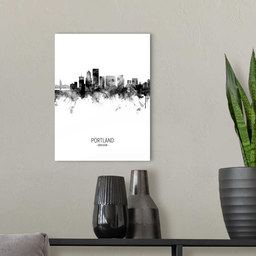 A modern room featuring Watercolor art print of the skyline of Portland, Oregon, United States