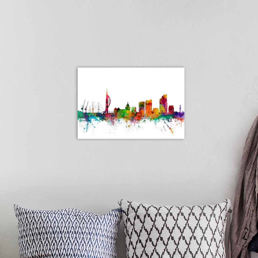 A bohemian room featuring Contemporary piece of artwork of the Portsmouth, England skyline made of colorful paint splashes.