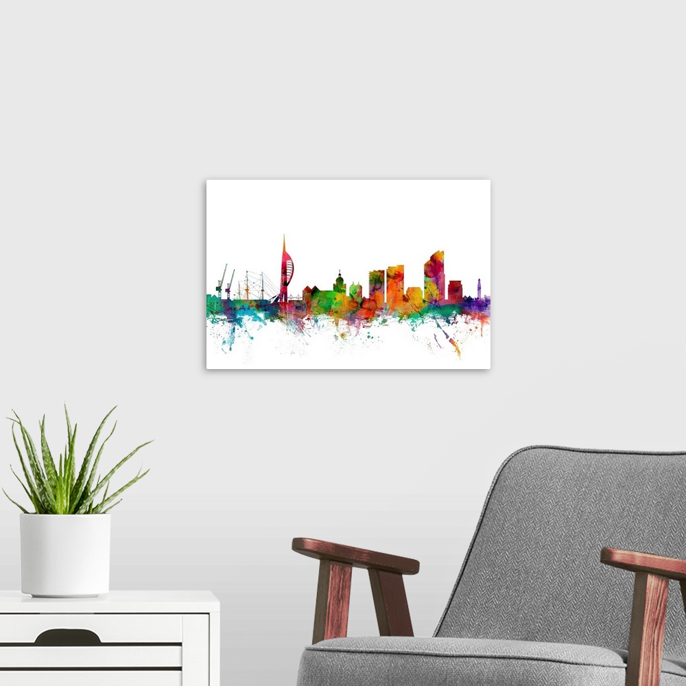 A modern room featuring Contemporary piece of artwork of the Portsmouth, England skyline made of colorful paint splashes.