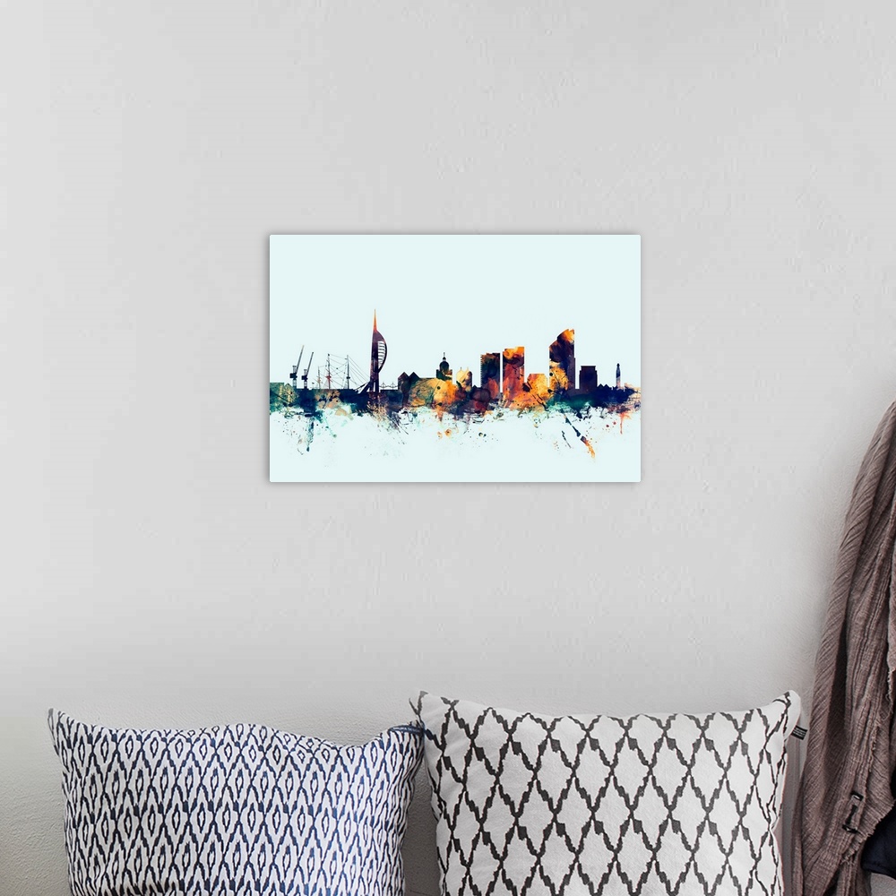 A bohemian room featuring Dark watercolor silhouette of the Portsmouth city skyline against a light blue background.
