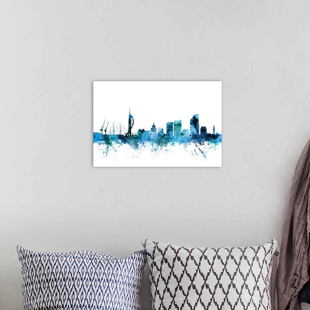 A bohemian room featuring Watercolor art print of the skyline of Portsmouth, England, United Kingdom.