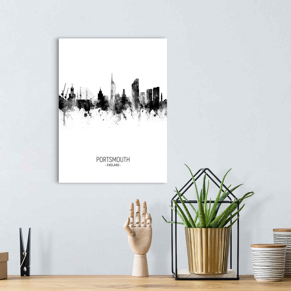 A bohemian room featuring Watercolor art print of the skyline of Portsmouth, England, United Kingdom