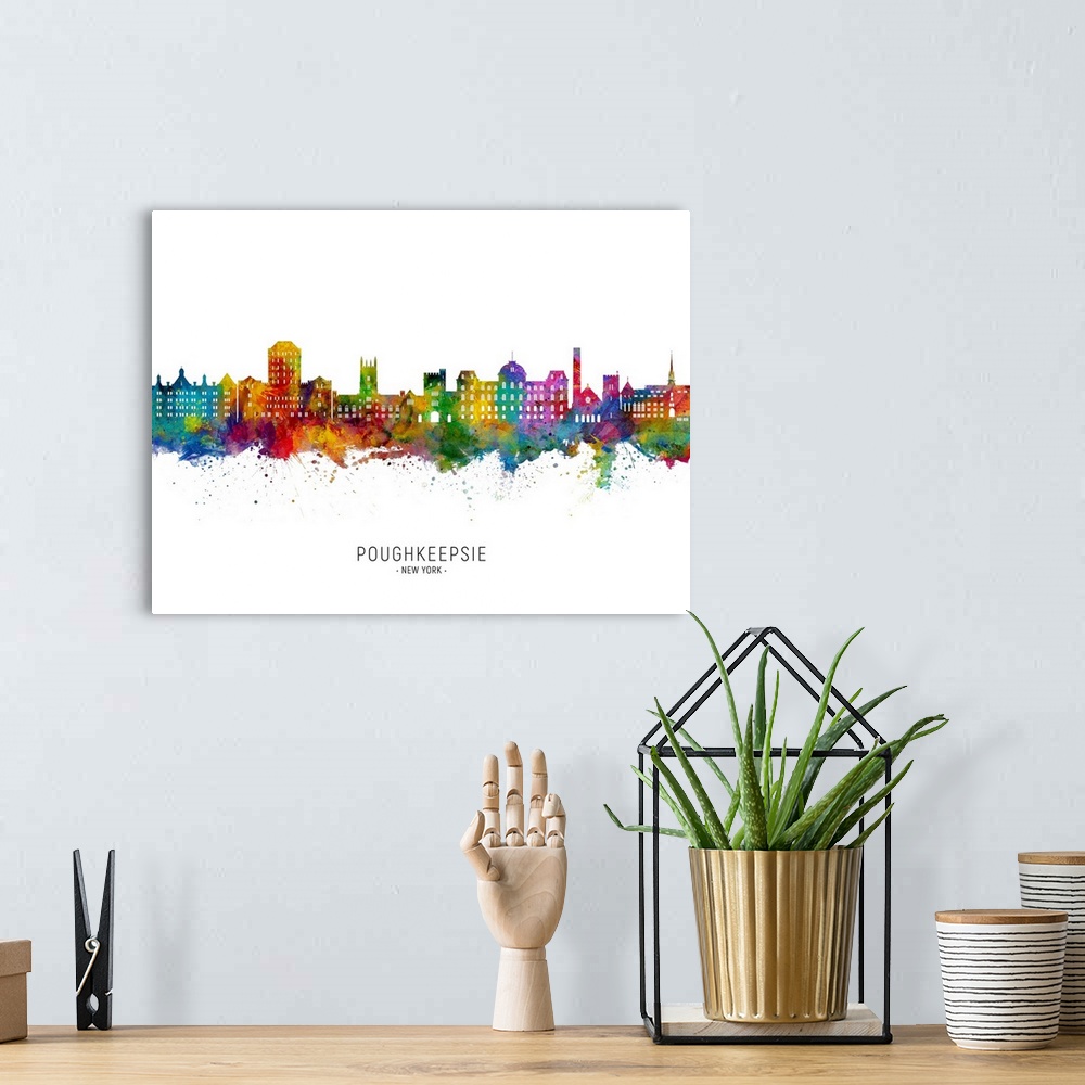 A bohemian room featuring Watercolor art print of the skyline of Poughkeepsie, New York