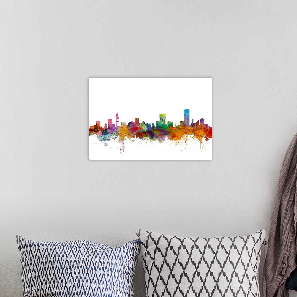 A bohemian room featuring Watercolor artwork of the Pretoria skyline against a white background.