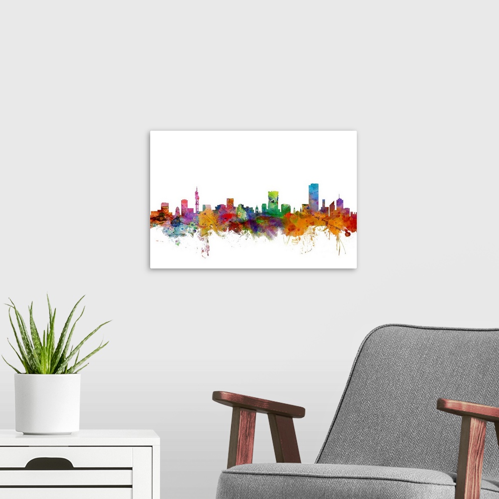 A modern room featuring Watercolor artwork of the Pretoria skyline against a white background.