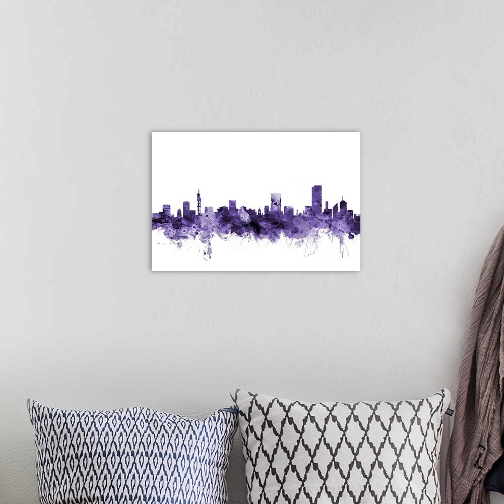 A bohemian room featuring Watercolor art print of the skyline of Pretoria, South Africa