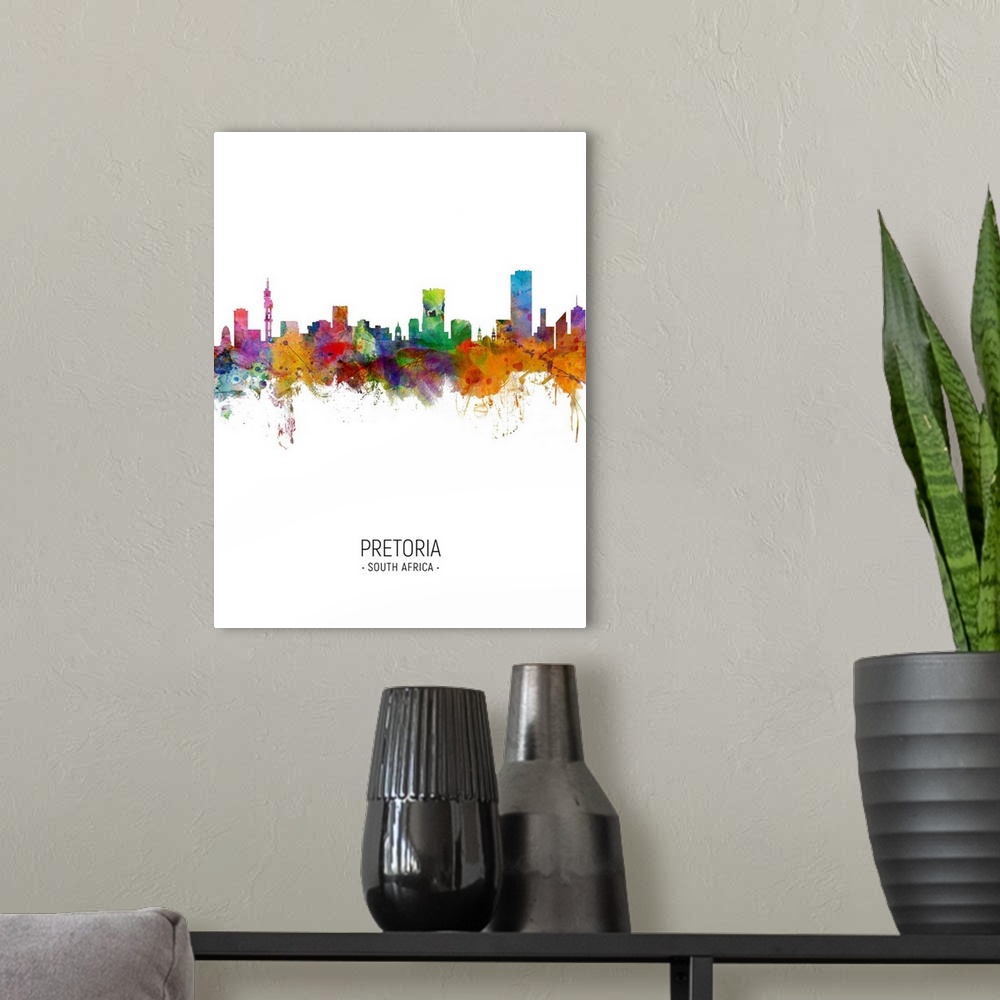 A modern room featuring Watercolor art print of the skyline of Pretoria, South Africa