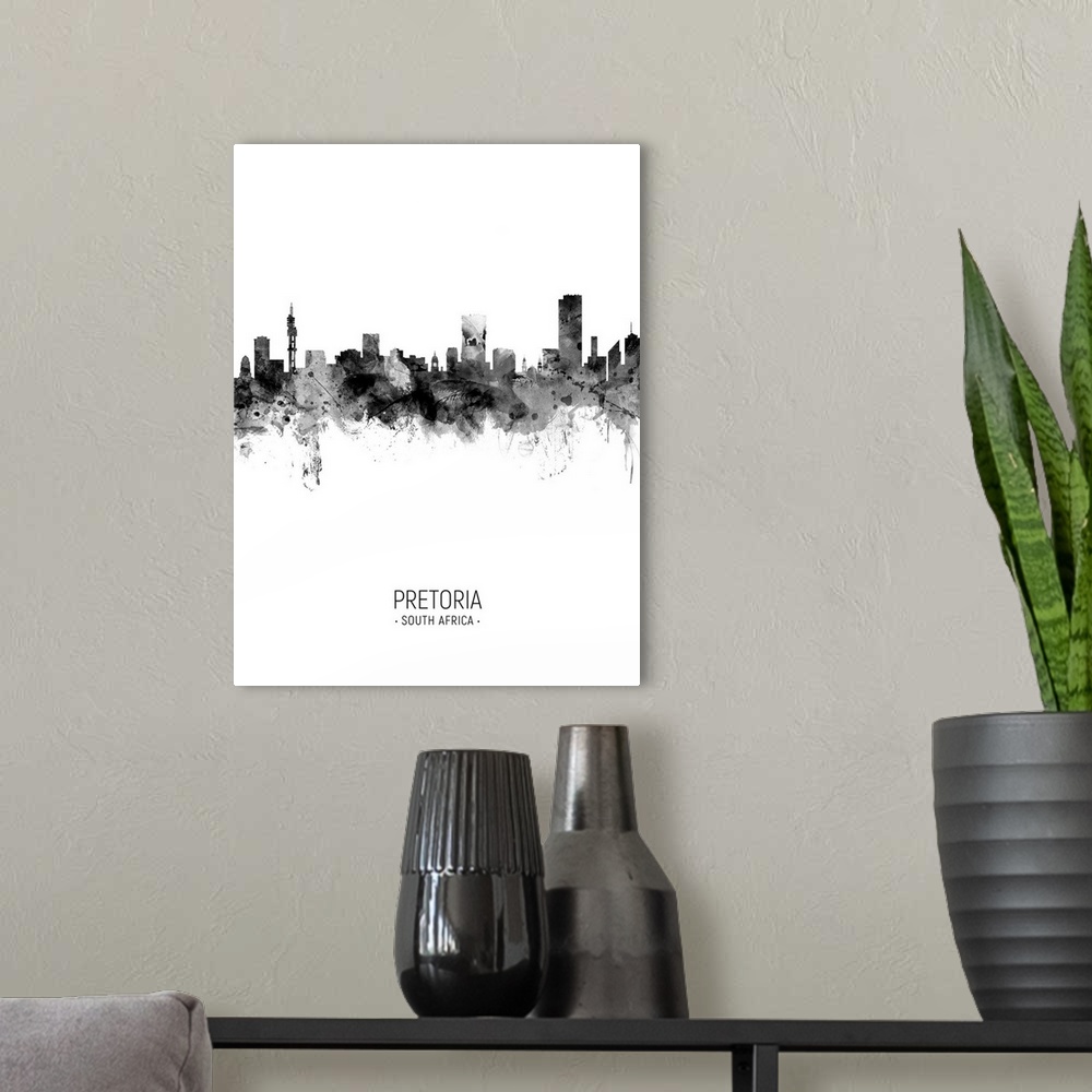 A modern room featuring Watercolor art print of the skyline of Pretoria, South Africa.