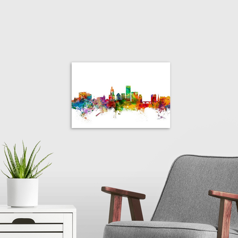 A modern room featuring Watercolor artwork of the Providence skyline against a white background.