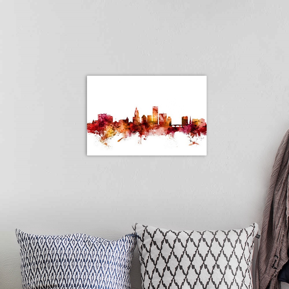 A bohemian room featuring Watercolor art print of the skyline of Providence, Rhode Island, United States.