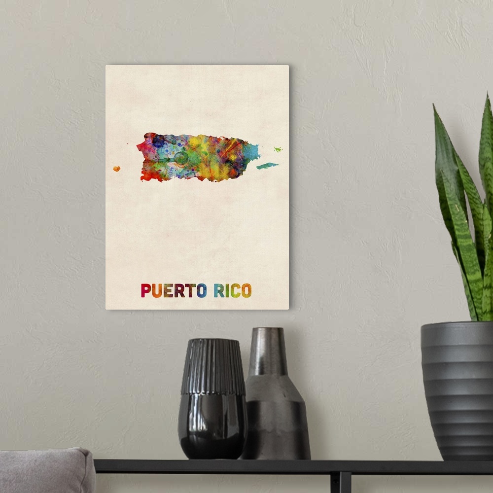 A modern room featuring Colorful watercolor art map of Puerto Rico against a distressed background.