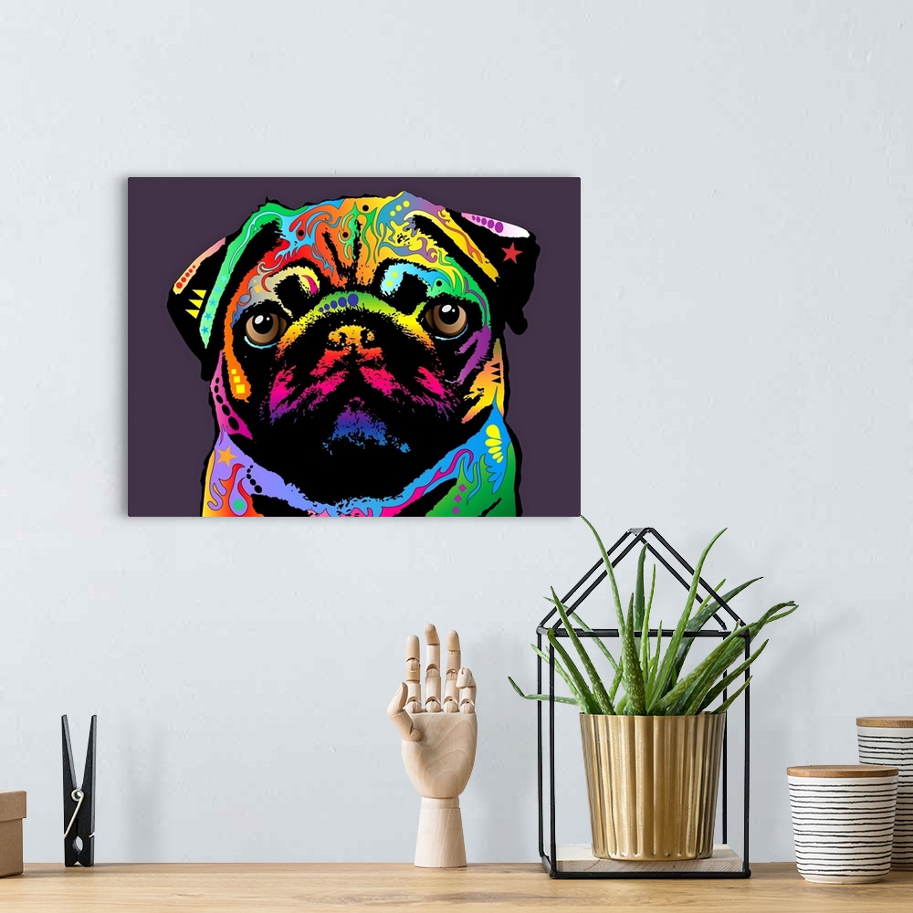 A bohemian room featuring Pug Art Print Canvas. The pug is a toy breed of dog with a wrinkly, short-muzzled face, and curle...