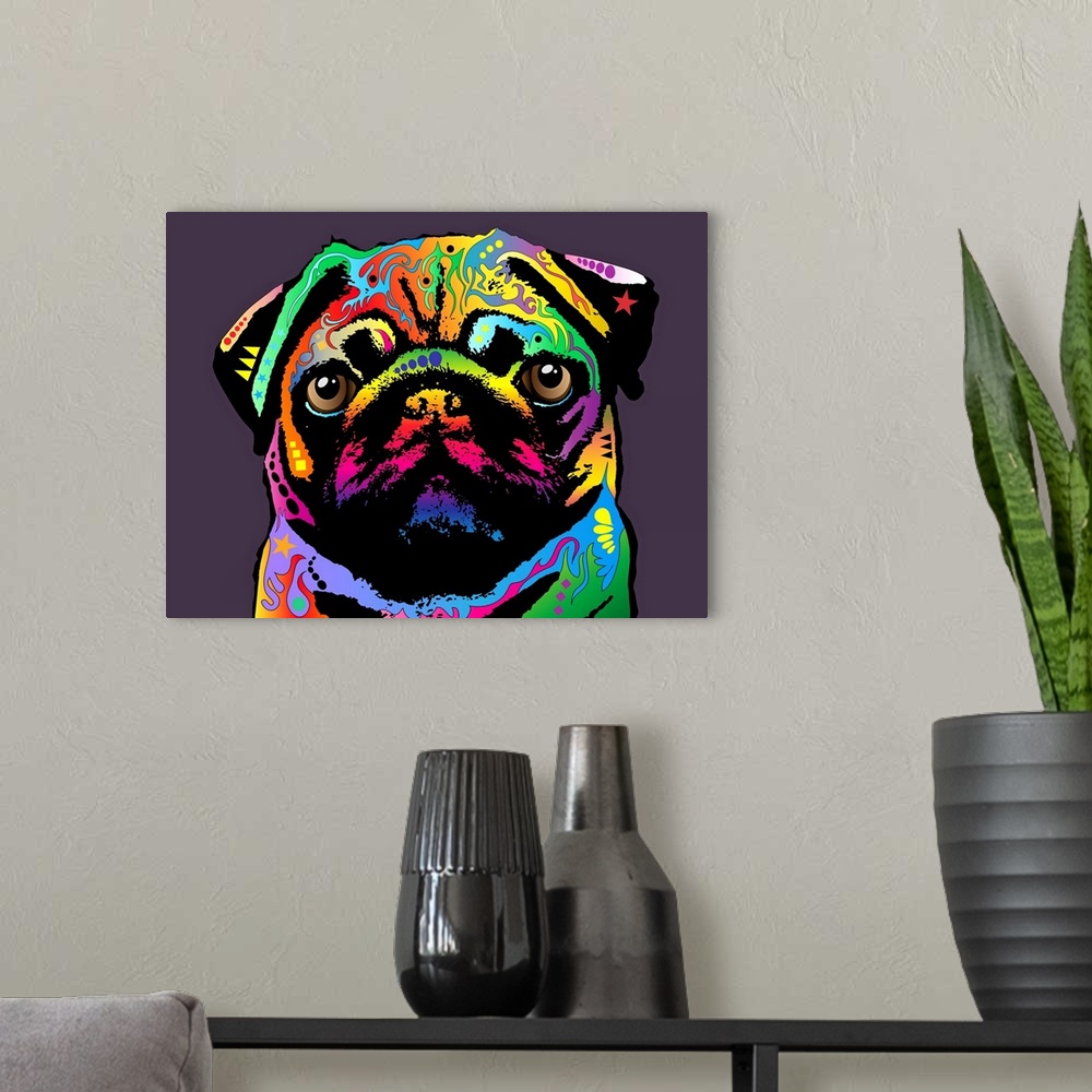 A modern room featuring Pug Art Print Canvas. The pug is a toy breed of dog with a wrinkly, short-muzzled face, and curle...