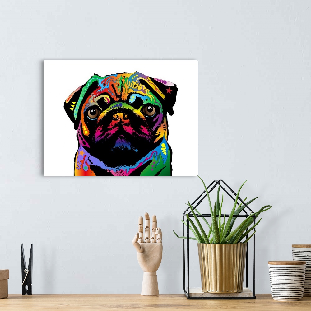 A bohemian room featuring Contemporary artwork of a Pug made up of a spectrum of bright colors.