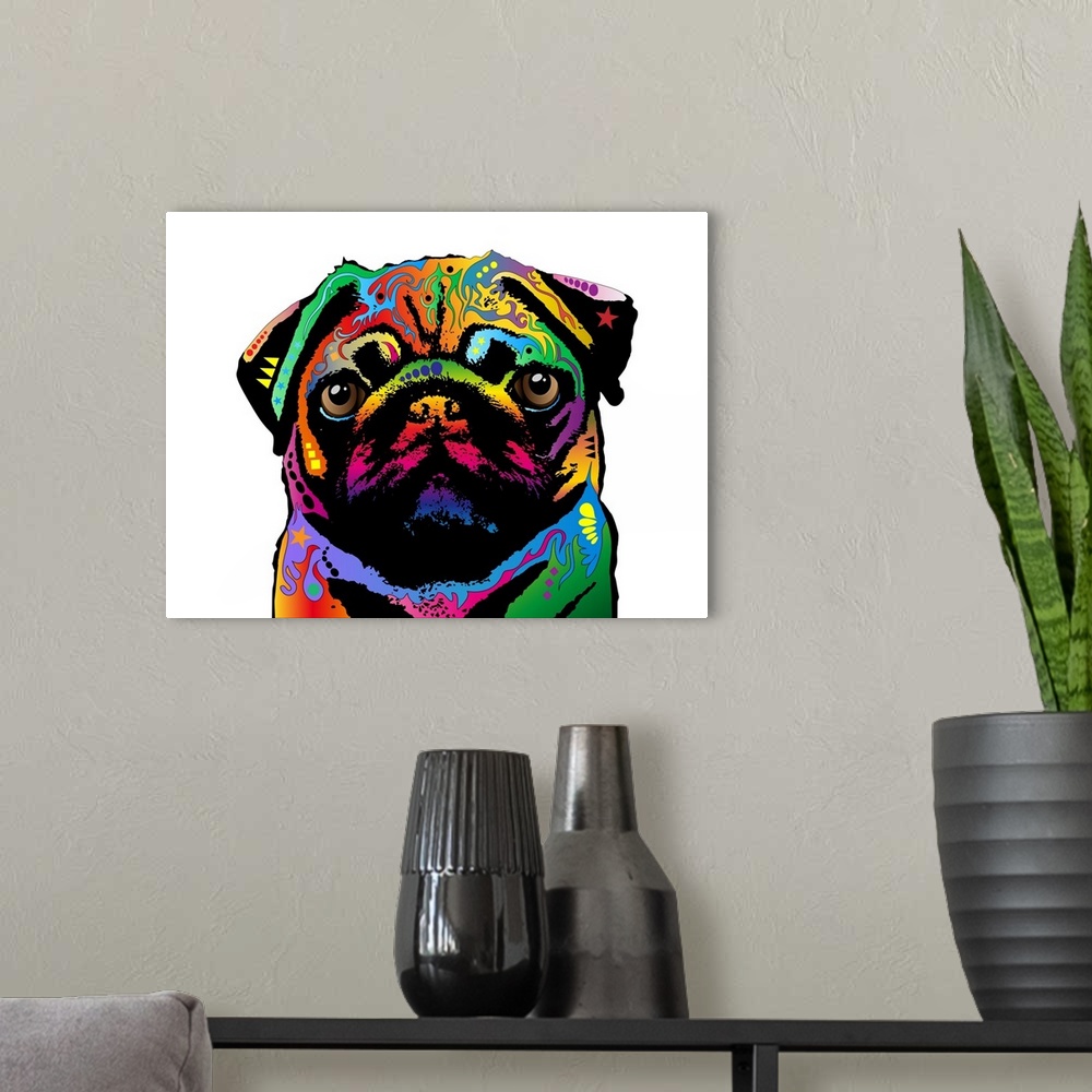 A modern room featuring Contemporary artwork of a Pug made up of a spectrum of bright colors.