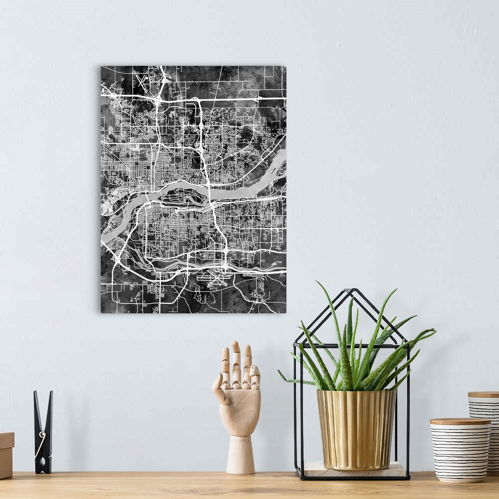 A bohemian room featuring Watercolor street map of Quad Cities, Illinois and Iowa, United States