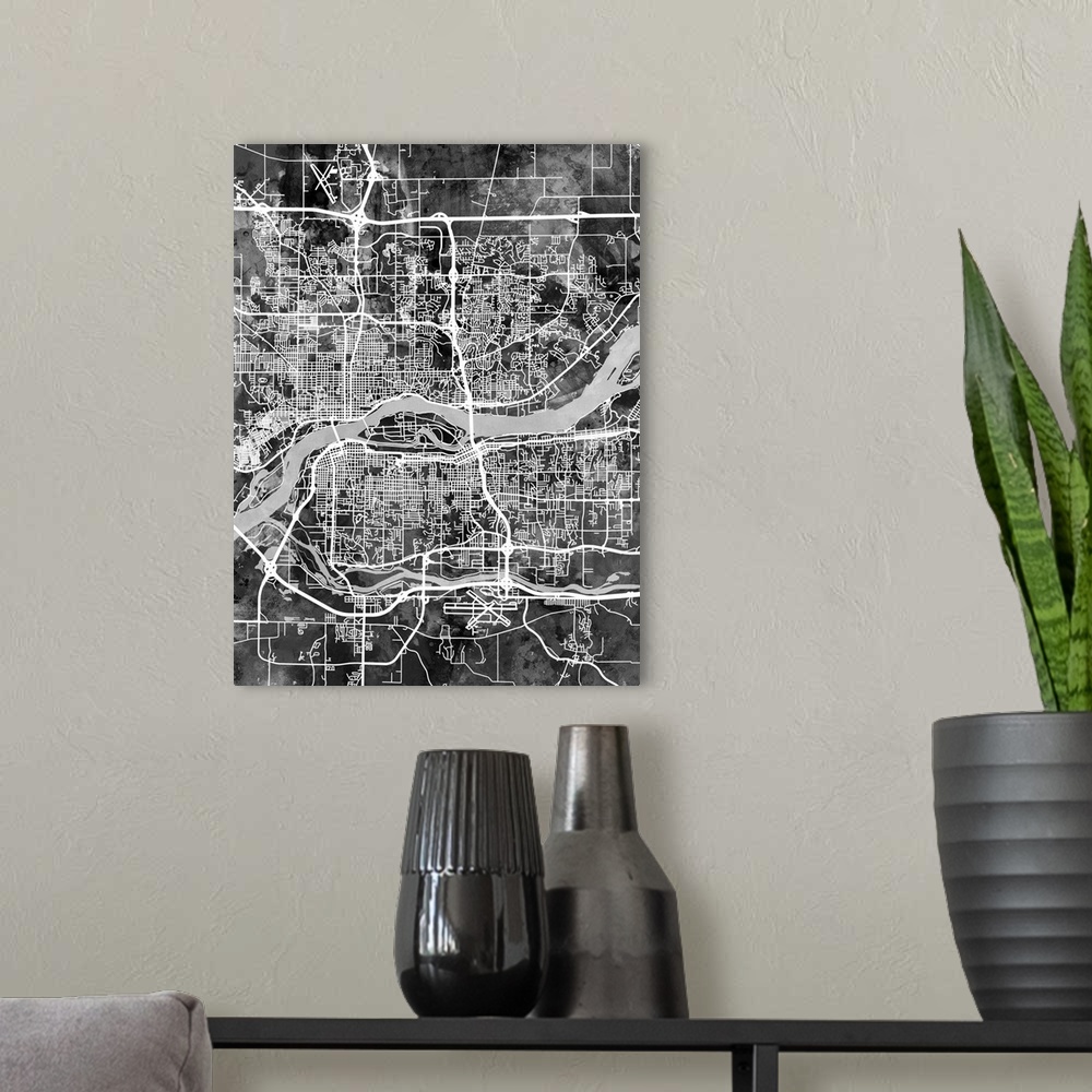 A modern room featuring Watercolor street map of Quad Cities, Illinois and Iowa, United States