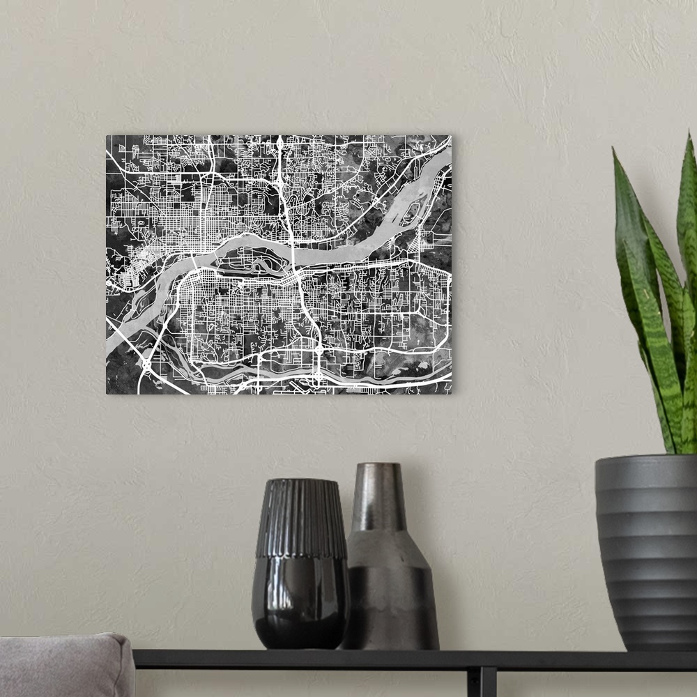 A modern room featuring Watercolor street map of Quad Cities, Illinois and Iowa, United States.