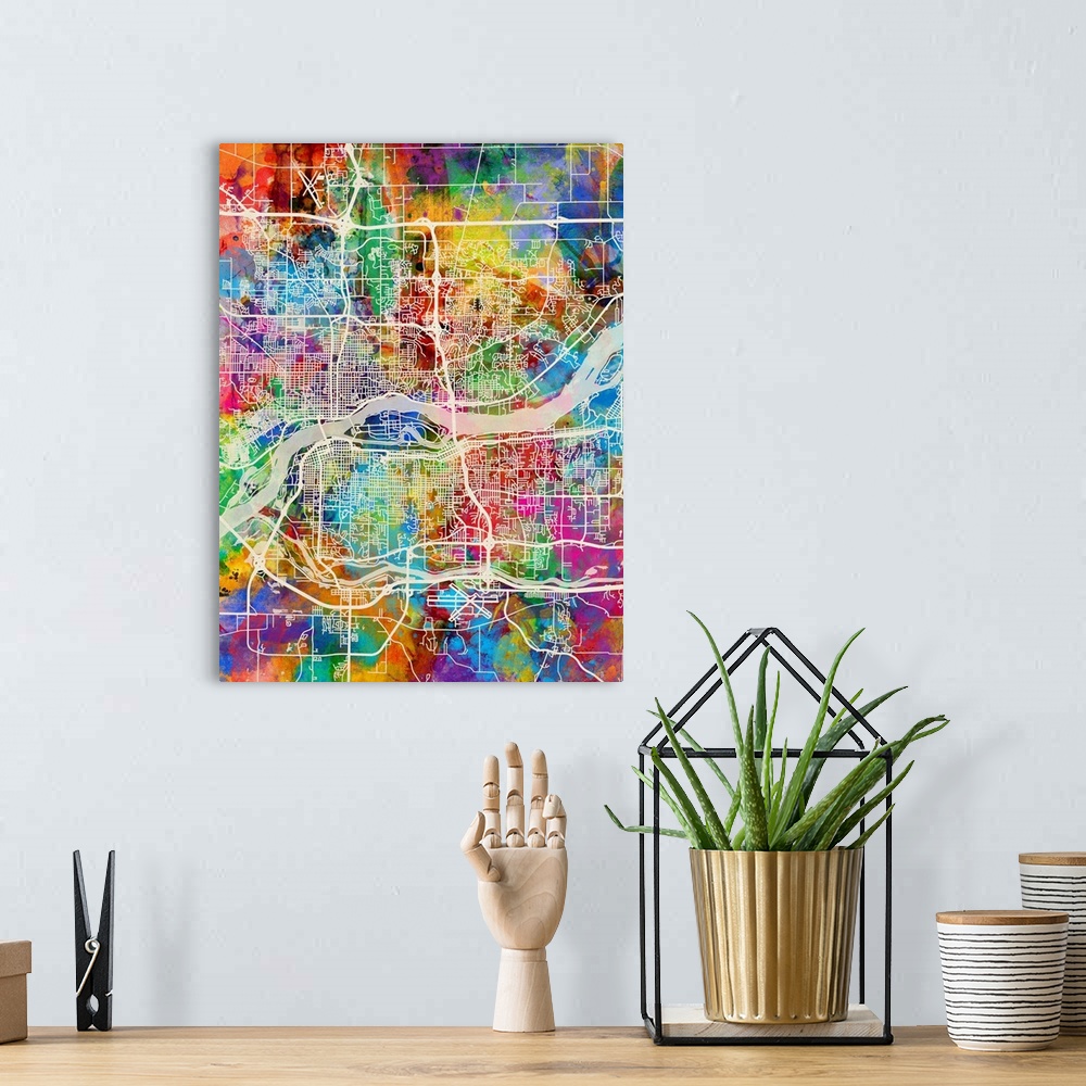 A bohemian room featuring Watercolor street map of Quad Cities, Illinois and Iowa, United States.