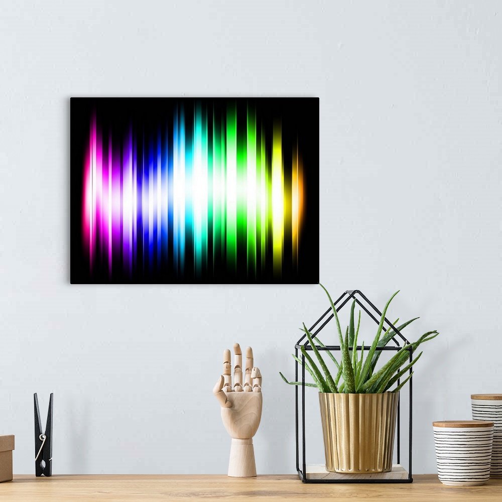 A bohemian room featuring Abstract Rainbow Spectrum Light Rays, Digital Art