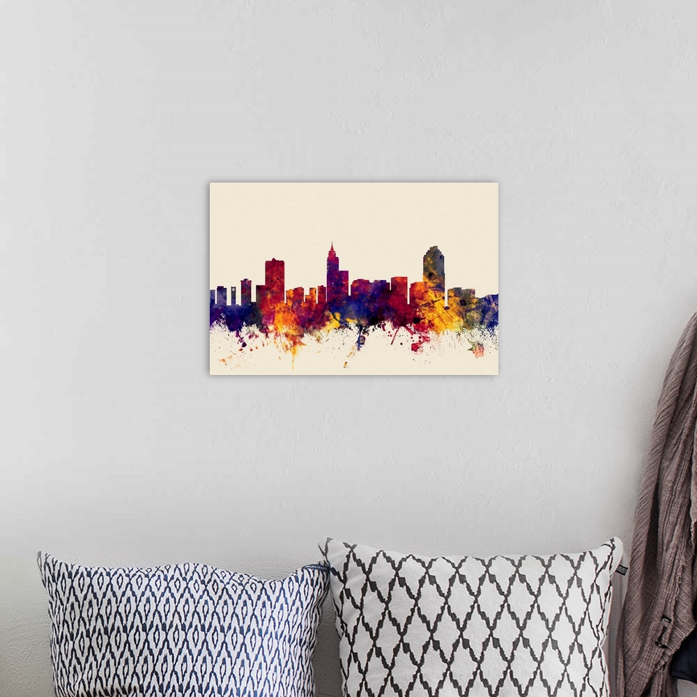 A bohemian room featuring Dark watercolor splattered silhouette of the Raleigh city skyline.