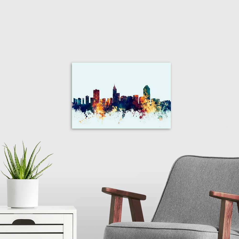 A modern room featuring Dark watercolor silhouette of the Raleigh city skyline against a light blue background.
