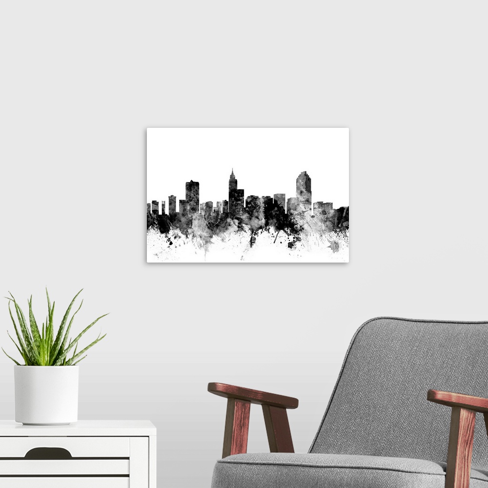 A modern room featuring Smokey dark watercolor silhouette of the Raleigh city skyline.
