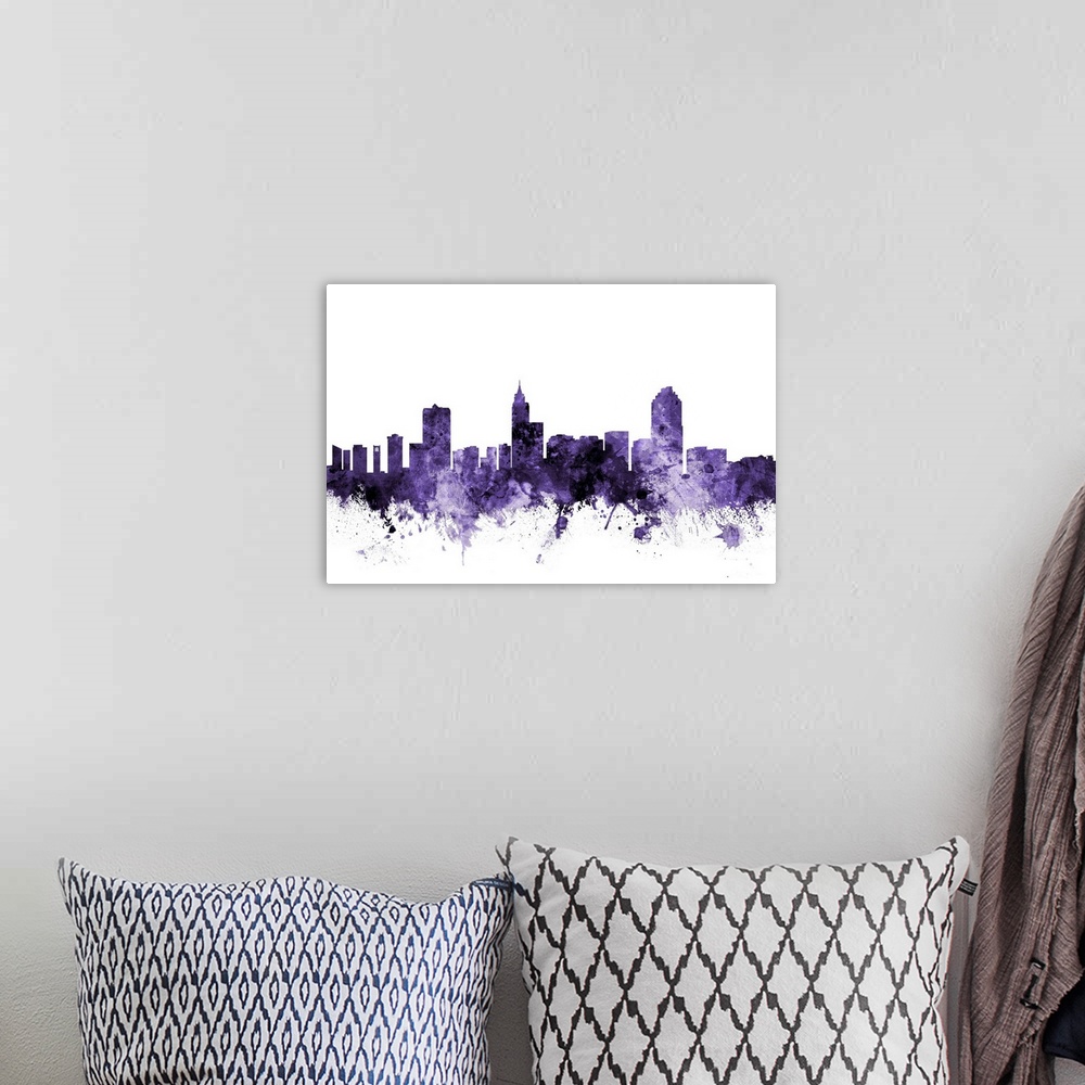 A bohemian room featuring Watercolor art print of the skyline of Raleigh, North Carolina, United States