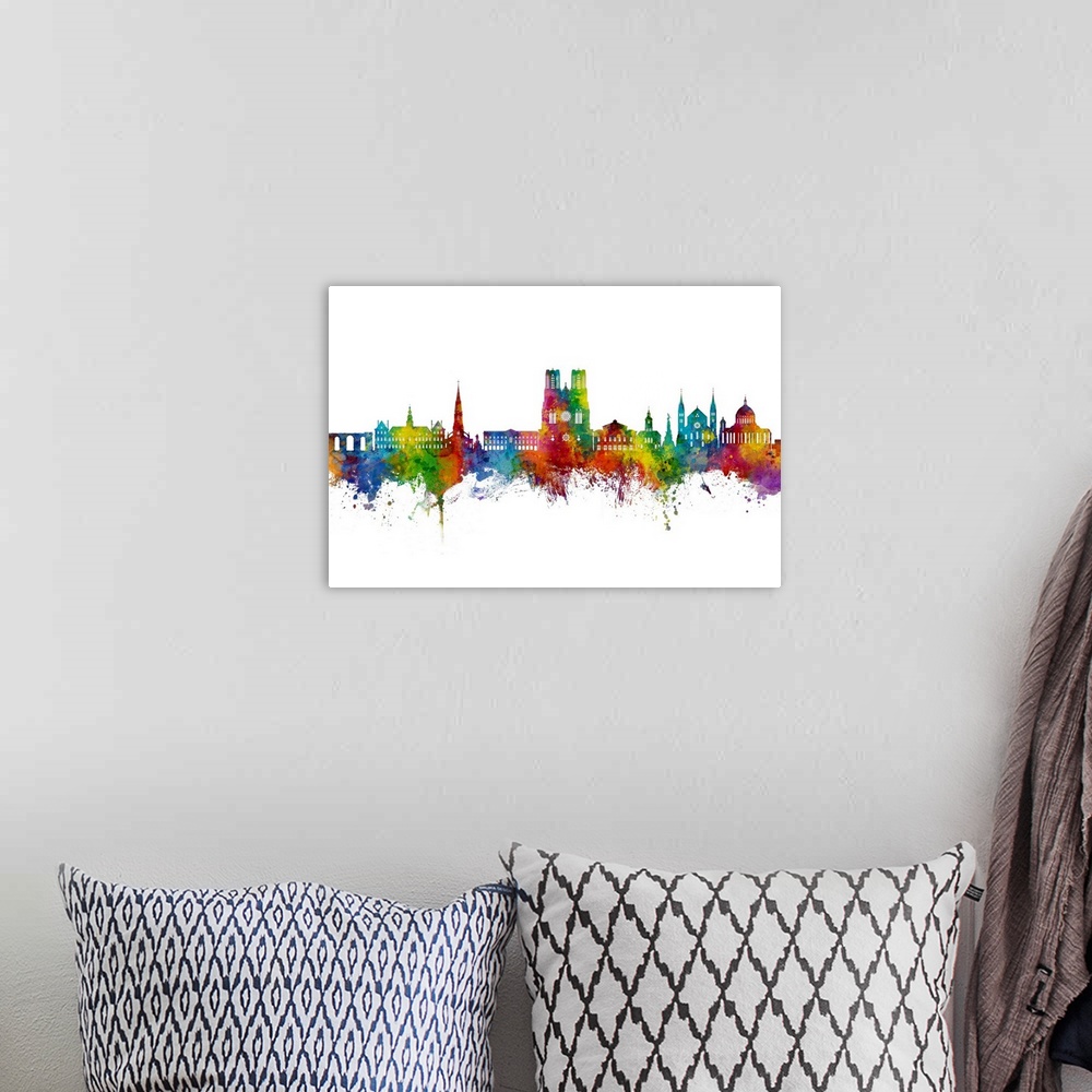 A bohemian room featuring Watercolor art print of the skyline of Reims, France